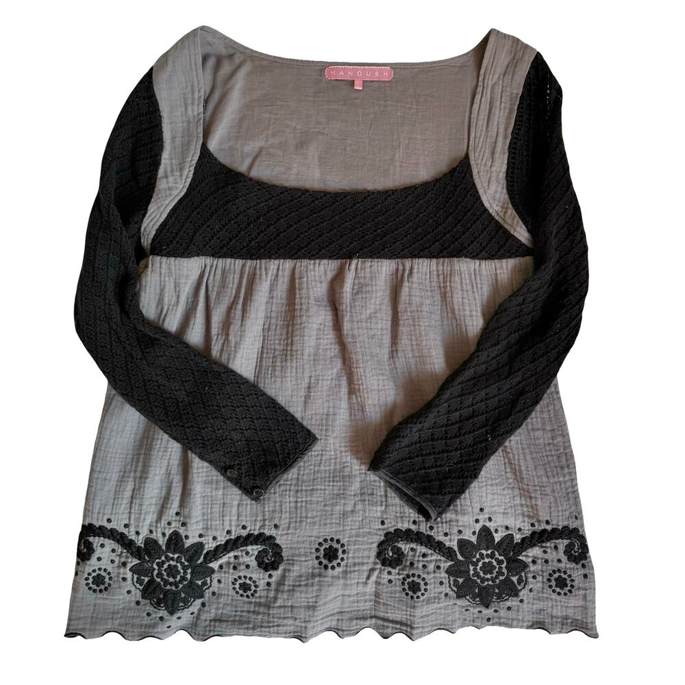 Manoush Boho Embroidered Peasant Top Gray Black Cotton Blouse Size L
